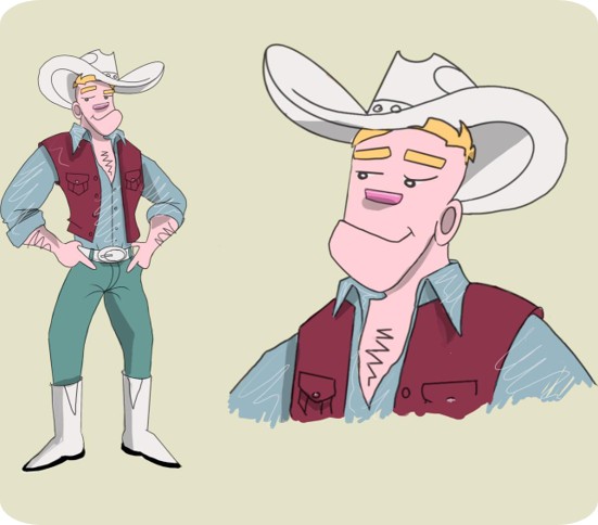 Maccasy 2D character design showing rotation study and outfit variations